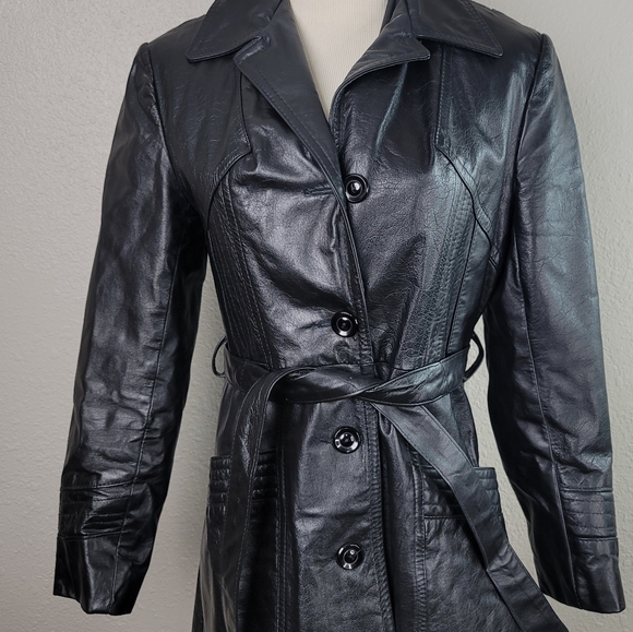 70s Bermans Black Leather Trench Coat with Pockets & Belt Size S - Picture 3 of 10
